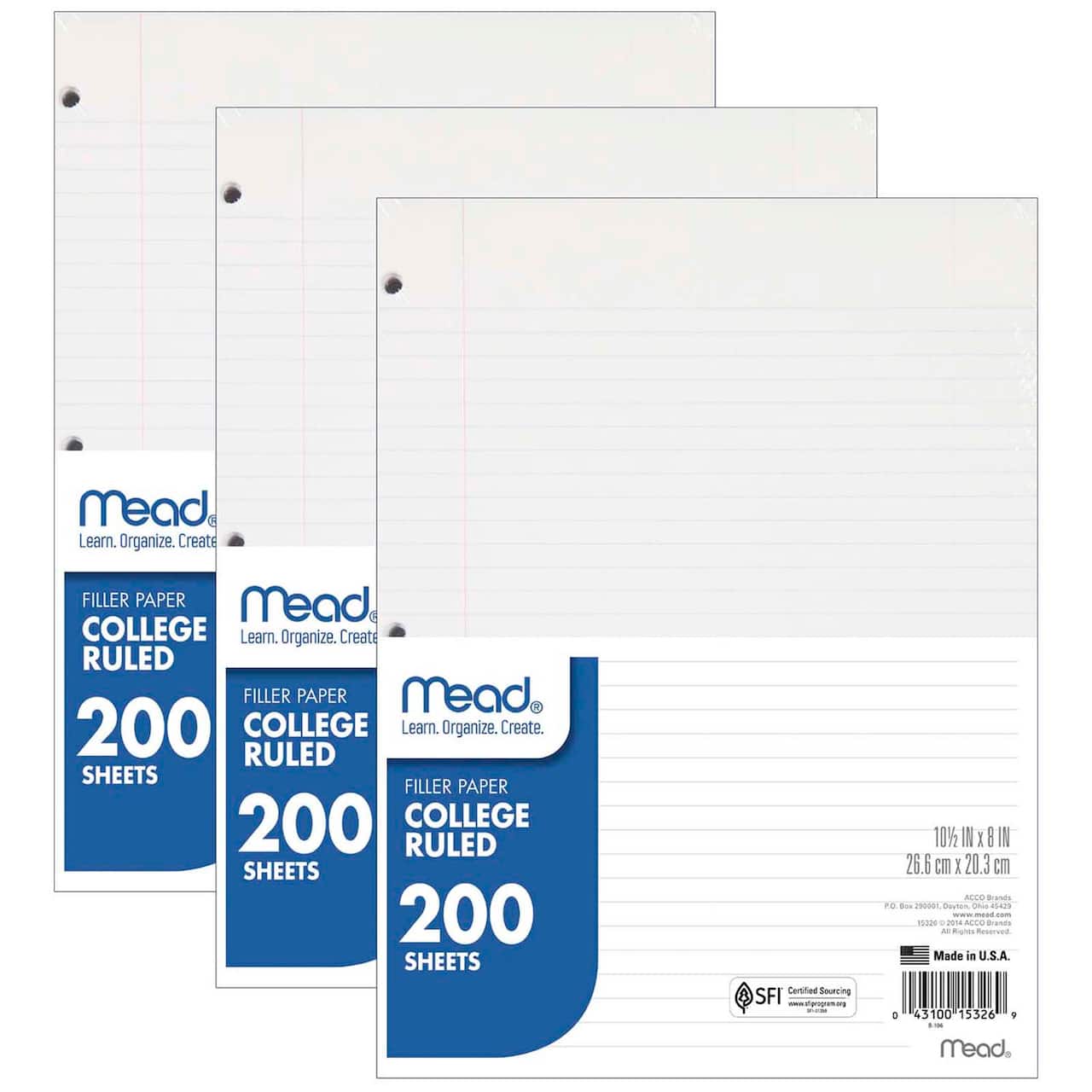 Mead® College Ruled 8" x 10.5" Notebook Filler Paper, 3 Packs of 200